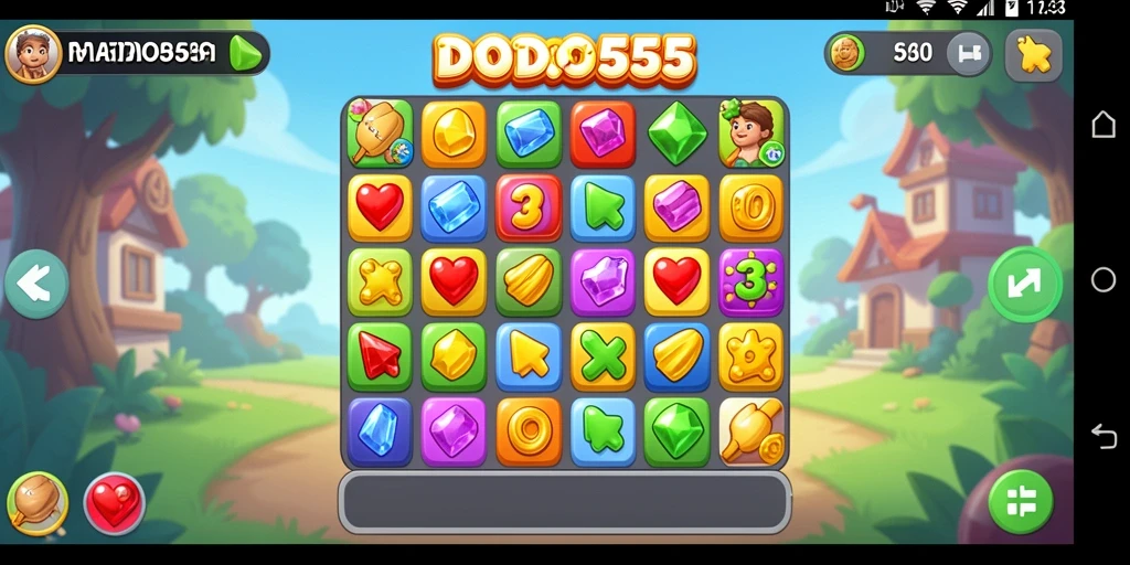 Screenshot DODO555 menunjukkan gameplay Match-3 yang seru dan penuh warna.