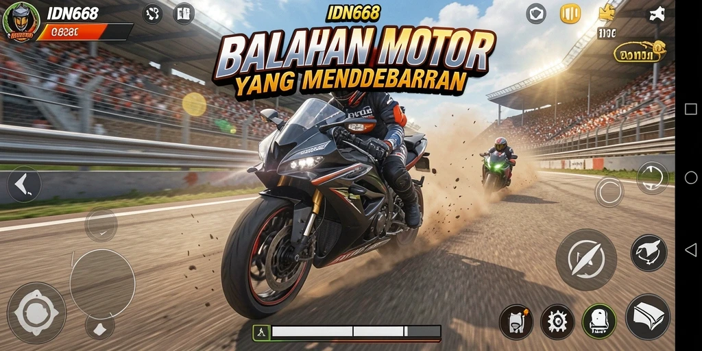 Screenshot gameplay IDN668 yang menunjukkan aksi balapan motor yang seru.