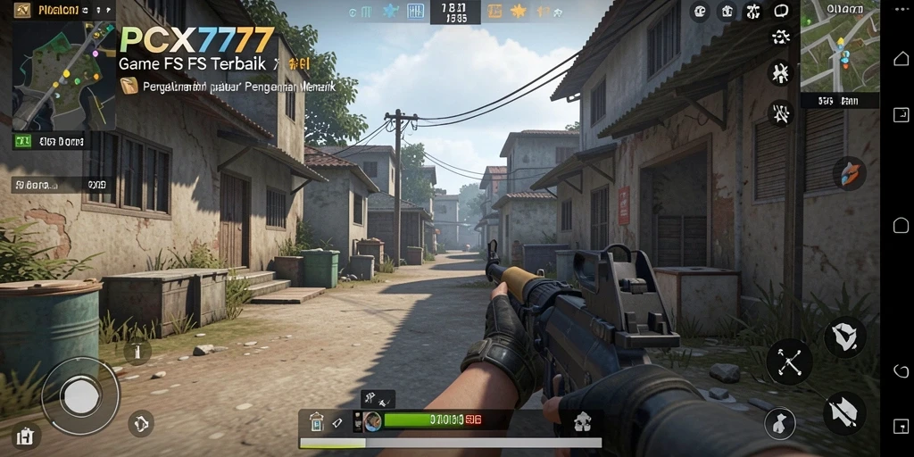 Screenshot utama PCX777 dengan aksen gameplay FPS yang mendebarkan.