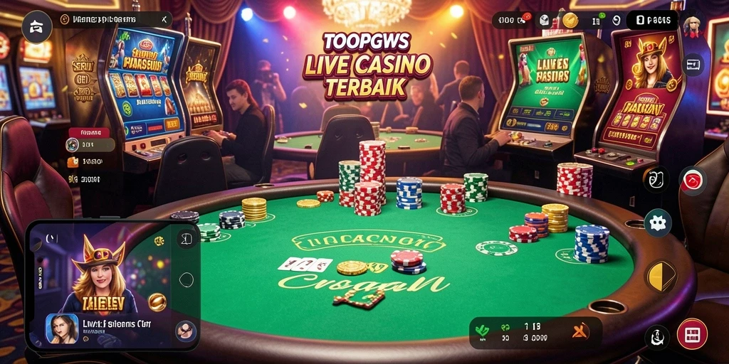 Screenshot gameplay TOOPGWS yang menampilkan dealer langsung dan suasana kasino yang nyata.