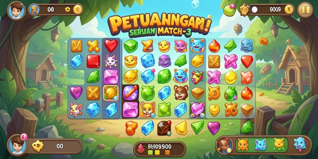 Tangkapan layar V98 menampilkan gameplay seru dan penuh warna dari permainan Match-3.